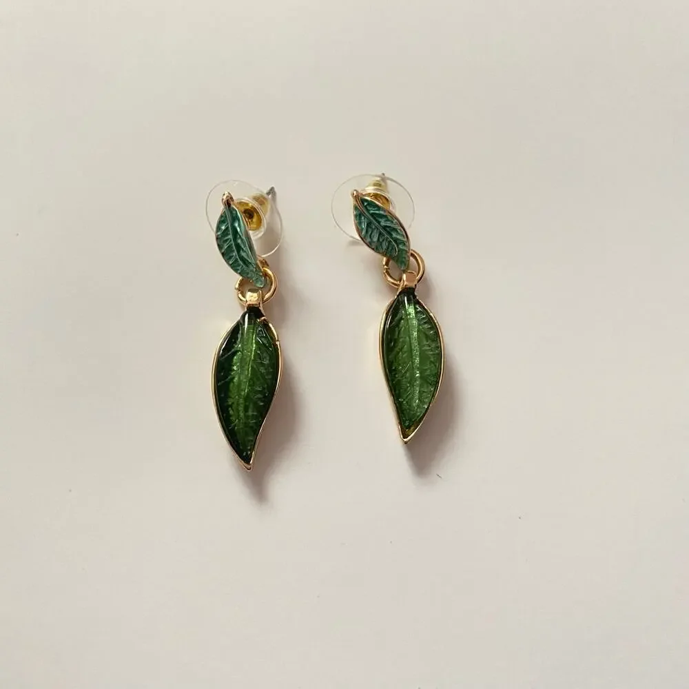 Enamel Leaf Bib Necklace & Earrings Set Green Rhinestone Gold Tone Cottagecore